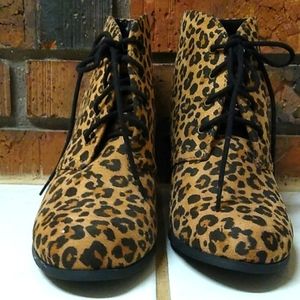 Y. Not? Leopard print tie up bootie heels